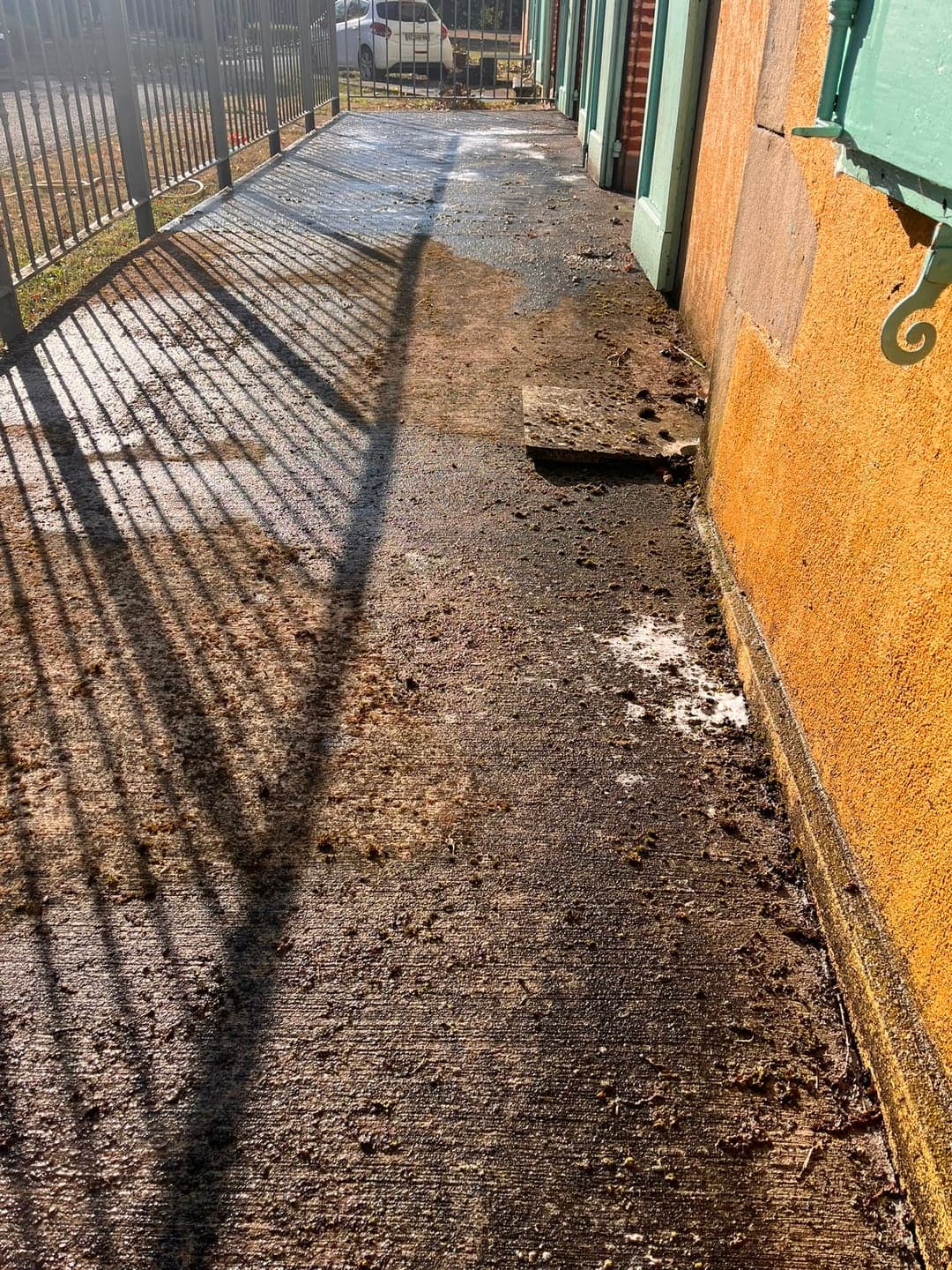 Allée de service envahie par la terre le long du mur